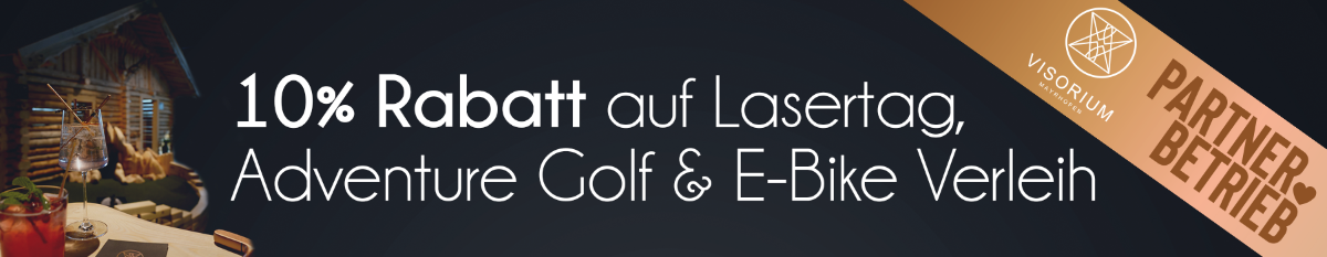 Werbebanner 10% Rabatt auf Lasertag, Adventure Golf & E-Bike-Verleih Visorium